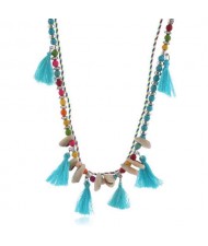 Cotton Threads Tassel and Seashell Decorated Beads Fashion Necklace - Blue
