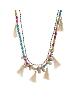 Cotton Threads Tassel and Seashell Decorated Beads Fashion Necklace - White