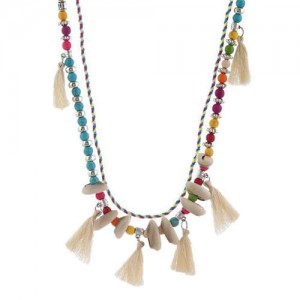 Cotton Threads Tassel and Seashell Decorated Beads Fashion Necklace - White