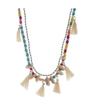Cotton Threads Tassel and Seashell Decorated Beads Fashion Necklace - White