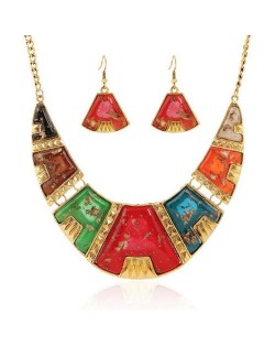 Colorful Resin Gems Embellished Arch Pendant High Fashion Bib Necklace and Earrings Set