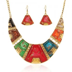 Colorful Resin Gems Embellished Arch Pendant High Fashion Bib Necklace and Earrings Set