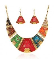 Colorful Resin Gems Embellished Arch Pendant High Fashion Bib Necklace and Earrings Set
