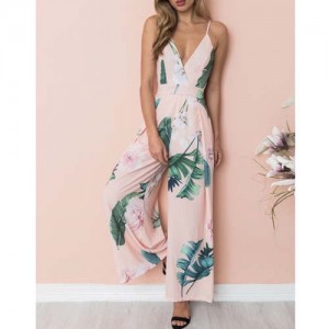 Leaves and Flower Printing Sleeveless High Fashion Women Jumpsuit - Pink