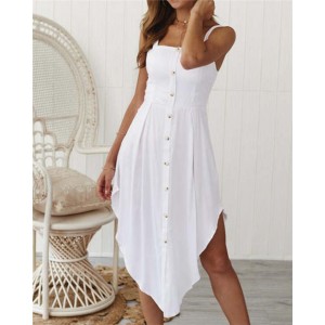 Buttons Decorated Shoulder-straps Solid Color High Fashion Women Dress - White