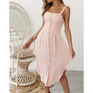 Buttons Decorated Shoulder-straps Solid Color High Fashion Women Dress - Pink
