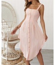 Buttons Decorated Shoulder-straps Solid Color High Fashion Women Dress - Pink