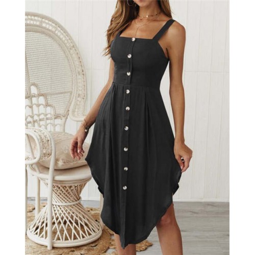 Buttons Decorated Shoulder-straps Solid Color High Fashion Women Dress ...