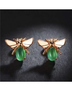 Green Gem Embellished Bee Design Women Rose Gold Earrings