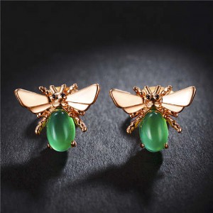 Green Gem Embellished Bee Design Women Rose Gold Earrings