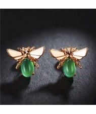 Green Gem Embellished Bee Design Women Rose Gold Earrings