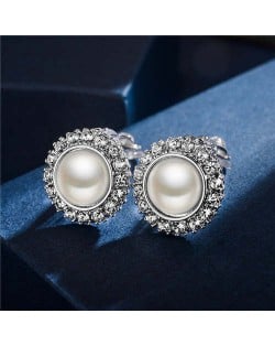 Rhinestone Emebllished Round Pearl Platinum Plated Earrings