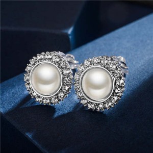 Rhinestone Emebllished Round Pearl Platinum Plated Earrings