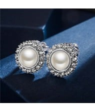 Rhinestone Emebllished Round Pearl Platinum Plated Earrings