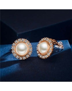 Rhinestone Emebllished Round Pearl Rose Gold Earrings