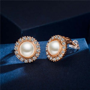 Rhinestone Emebllished Round Pearl Rose Gold Earrings