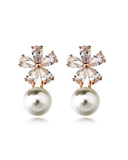 Cubic Zirconia Snow Flake Flower Pearl Fashion Rose Gold Earrings