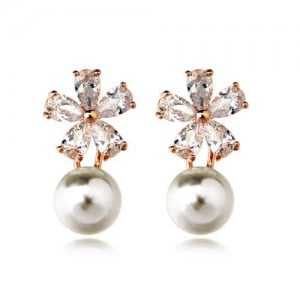 Cubic Zirconia Snow Flake Flower Pearl Fashion Rose Gold Earrings