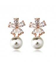 Cubic Zirconia Snow Flake Flower Pearl Fashion Rose Gold Earrings
