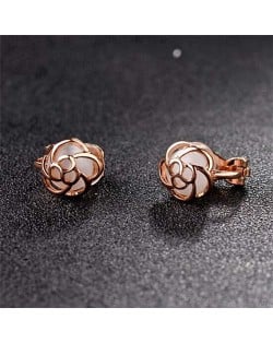 Opal Inlaid Hollow Flower Design Rose Gold Earrings - White