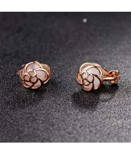 Opal Inlaid Hollow Flower Design Rose Gold Earrings - White