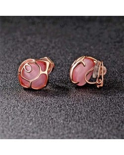 Opal Inlaid Hollow Flower Design Rose Gold Earrings - Pink