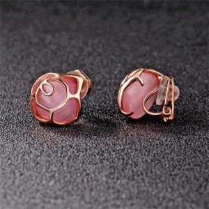 Opal Inlaid Hollow Flower Design Rose Gold Earrings - Pink
