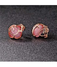 Opal Inlaid Hollow Flower Design Rose Gold Earrings - Pink