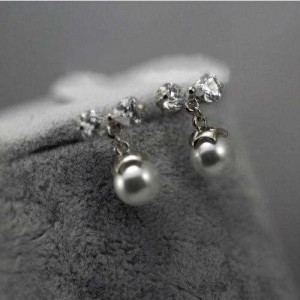 Cubic Zirconia with Dangling Pearl Design Platinum Plated Women Earrings