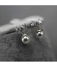 Cubic Zirconia with Dangling Pearl Design Platinum Plated Women Earrings