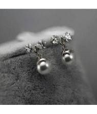 Cubic Zirconia with Dangling Pearl Design Platinum Plated Women Earrings