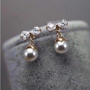 Cubic Zirconia with Dangling Pearl Design Rose Gold Women Earrings