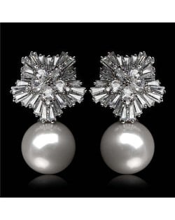 Cubic Zirconia Luxurious Floral Design with Dangling Pearl Platinum Plated Earrings