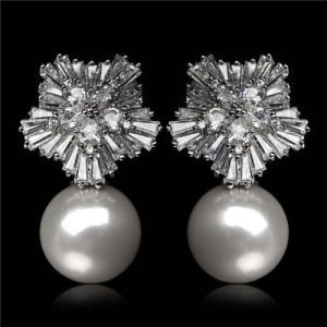 Cubic Zirconia Luxurious Floral Design with Dangling Pearl Platinum Plated Earrings