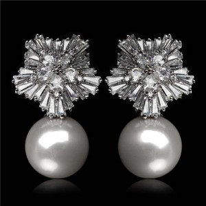 Cubic Zirconia Luxurious Floral Design with Dangling Pearl Platinum Plated Earrings