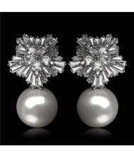 Cubic Zirconia Luxurious Floral Design with Dangling Pearl Platinum Plated Earrings