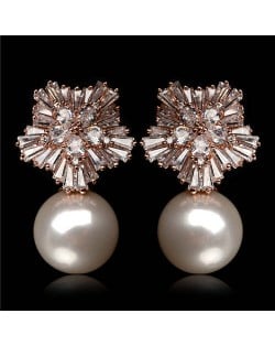 Cubic Zirconia Luxurious Floral Design with Dangling Pearl Rose Gold Earrings