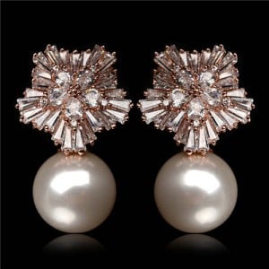 Cubic Zirconia Luxurious Floral Design with Dangling Pearl Rose Gold Earrings