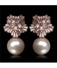 Cubic Zirconia Luxurious Floral Design with Dangling Pearl Rose Gold Earrings