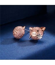 Cubic Zirconia Pig Design 18k Rose Gold Plated Women Earrings