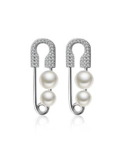 Pearl Embellished Platinum Plated Pin Design Women Earrings