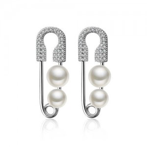 Pearl Embellished Platinum Plated Pin Design Women Earrings