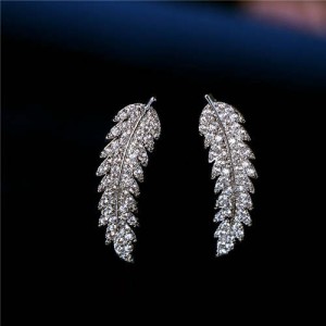 Cubic Zirconia Embellished Elegant Leaves Design 18k Platinum Plated Earrings