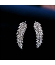Cubic Zirconia Embellished Elegant Leaves Design 18k Platinum Plated Earrings