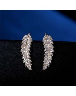 Cubic Zirconia Embellished Elegant Leaves Design 18k Rose Gold Earrings