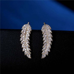 Cubic Zirconia Embellished Elegant Leaves Design 18k Rose Gold Earrings
