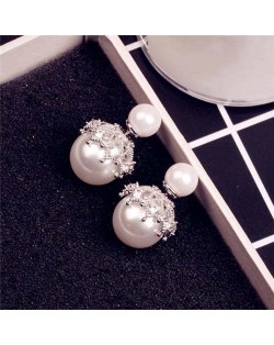 Cubic Zirconia Inlaid Hollow Engraving Design Pearl Fashion 18k Platinum Plated Women Earrings