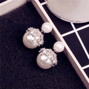 Cubic Zirconia Inlaid Hollow Engraving Design Pearl Fashion 18k Platinum Plated Women Earrings