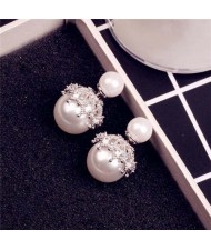 Cubic Zirconia Inlaid Hollow Engraving Design Pearl Fashion 18k Platinum Plated Women Earrings