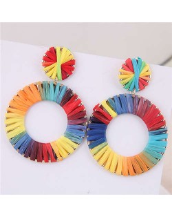 Rainbow Colors Weaving Design Bold Fashion Alloy Women Statement Earrings - Round